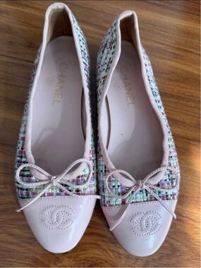 Auth CHANEL Ballet Ballerina Tweed Multi Flats Pink Cap Toe 36